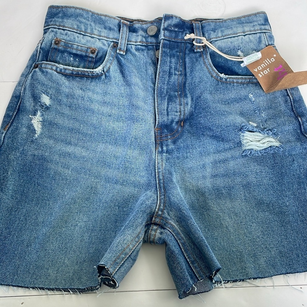 Vanilla Star 90s Straight Jean Blue Distressed High Waisted Denim Short 26/3